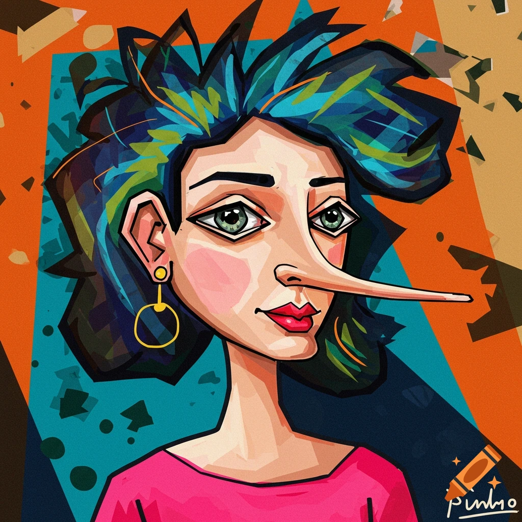 Stylized portrait of a woman with a long nose, colorful hair, in a cubist/abstract style.
