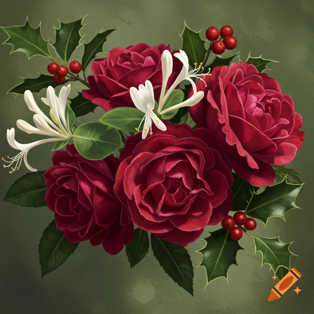 Red roses, white honeysuckle, and holly with berries.