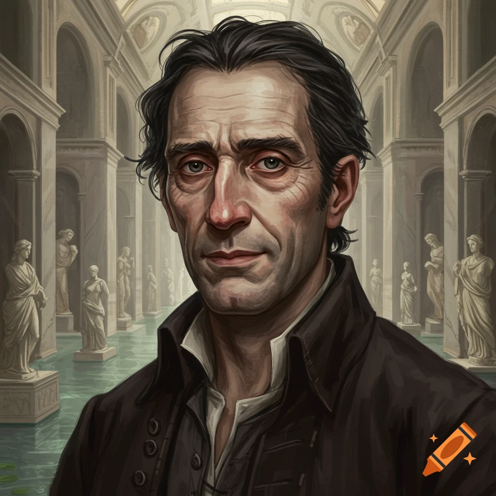 A man with dark hair and a serious expression is in a classical hall filled with statues and water.