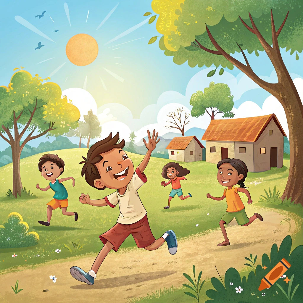 Illustration of cheerful children running and playing in a sunny village.