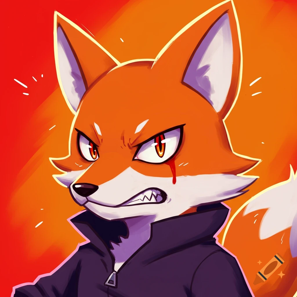Angry cartoon fox in a jacket with a blood drop from its eye.