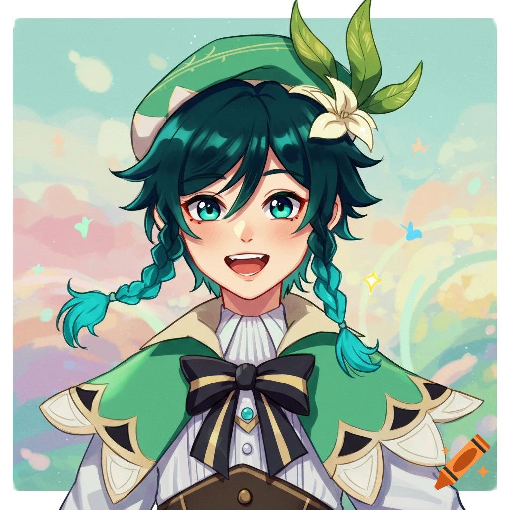 Anime illustration of a character with teal braids, green hat with flower, and green cape.