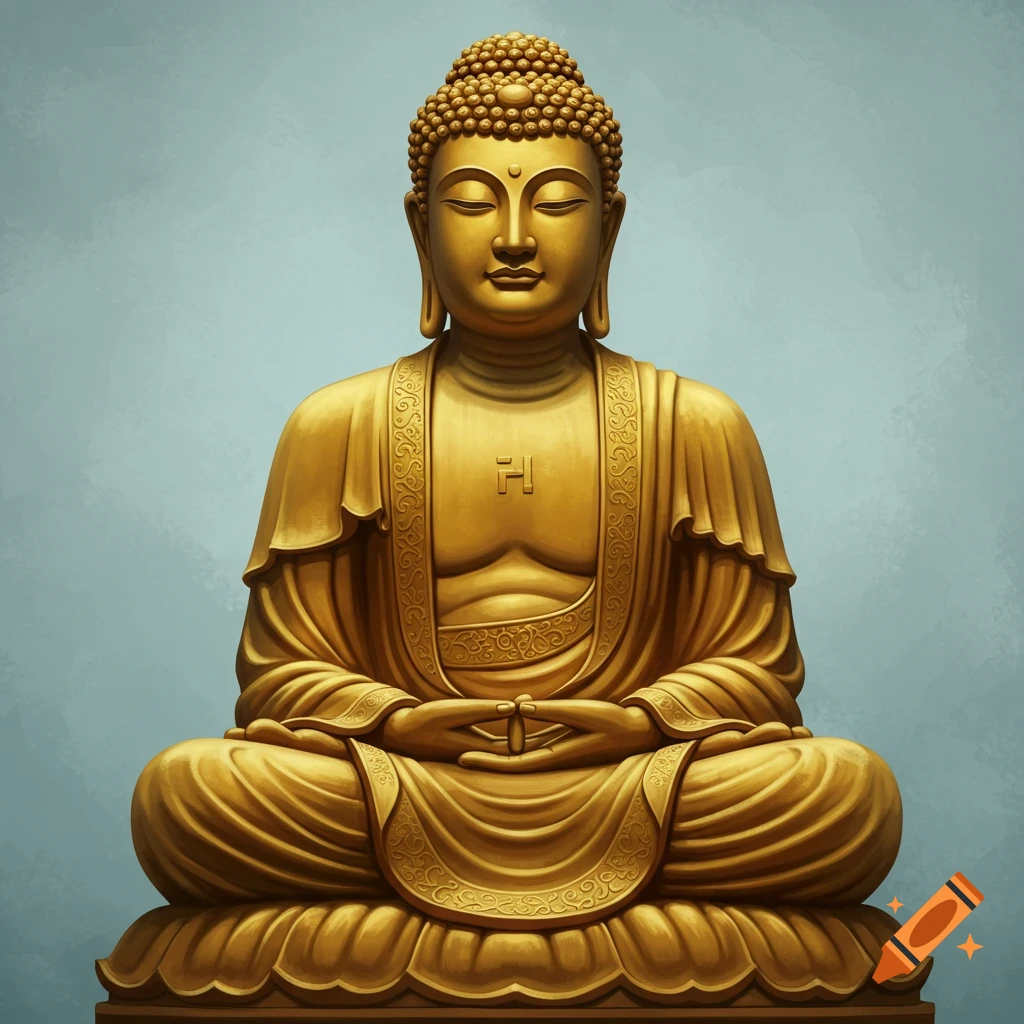 A golden Buddha statue sits in a meditative pose against a blue background.