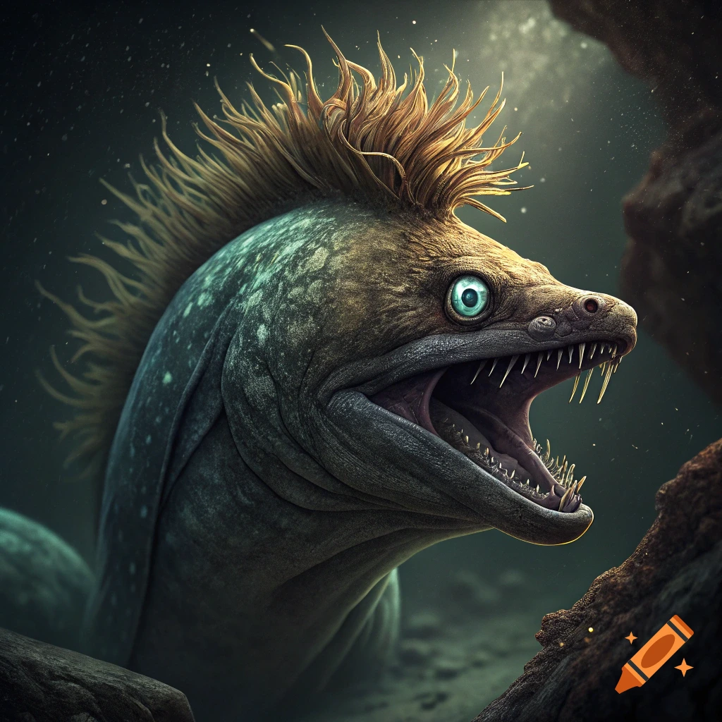 Close-up of a scary eel-like creature with spiky hair, sharp teeth, and large eye, underwater