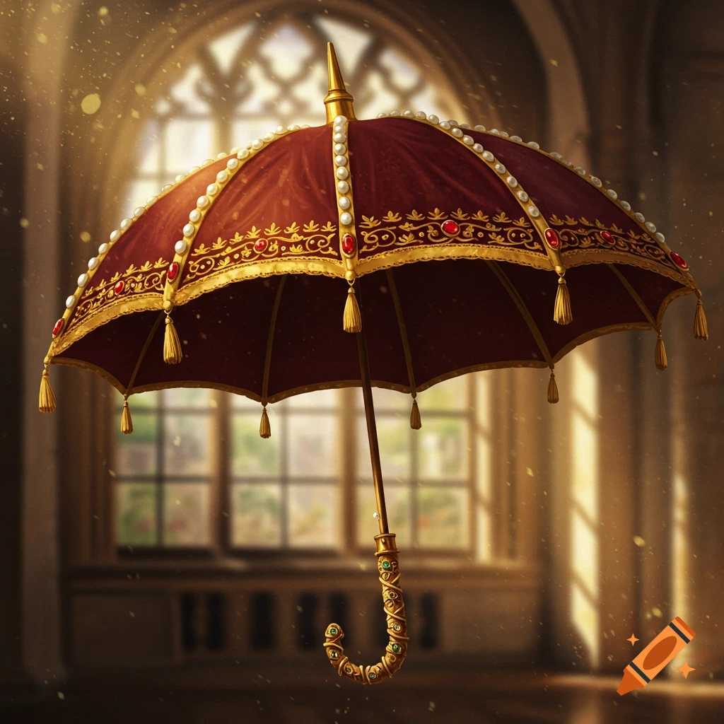 A highly ornate umbrella adorned with gold trim, pearls, and gems, set indoors near a window.