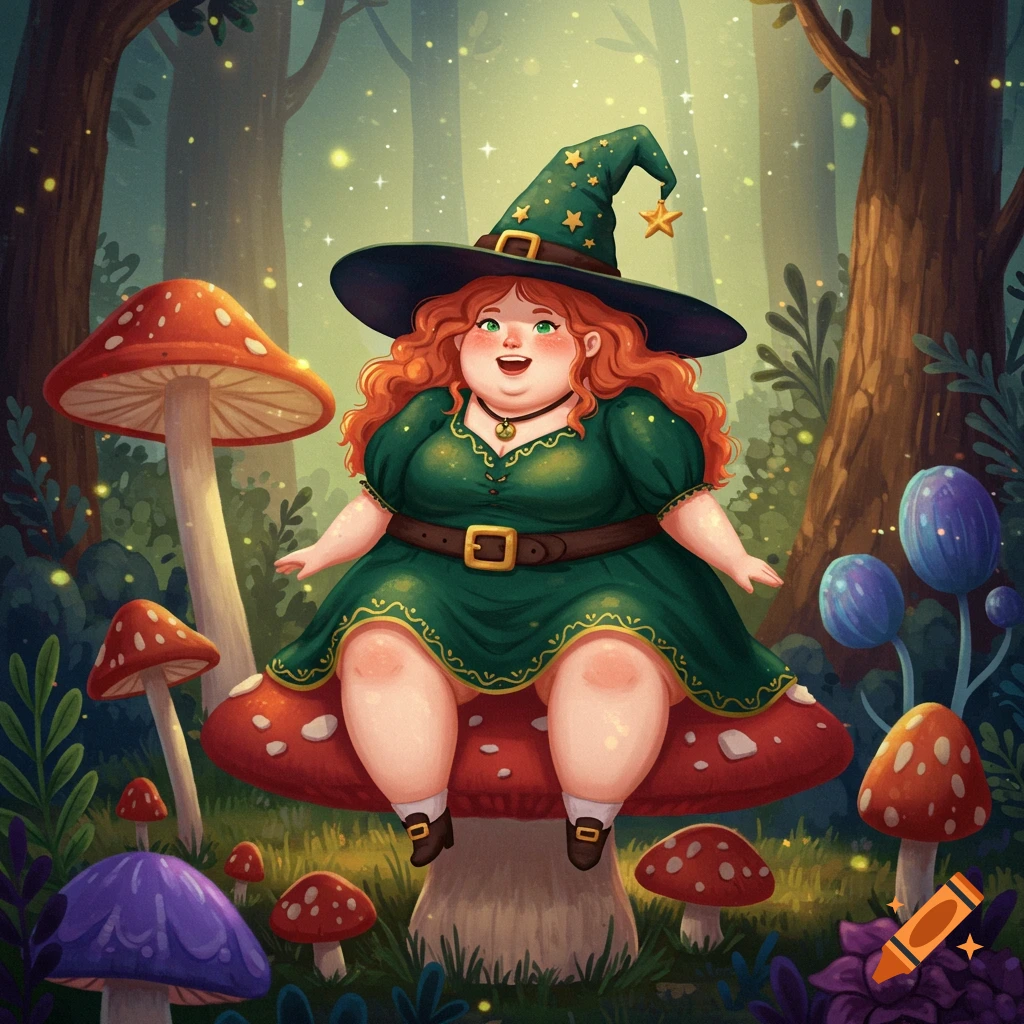 A chubby redheaded witch sitting on a large mushroom in a magical forest.