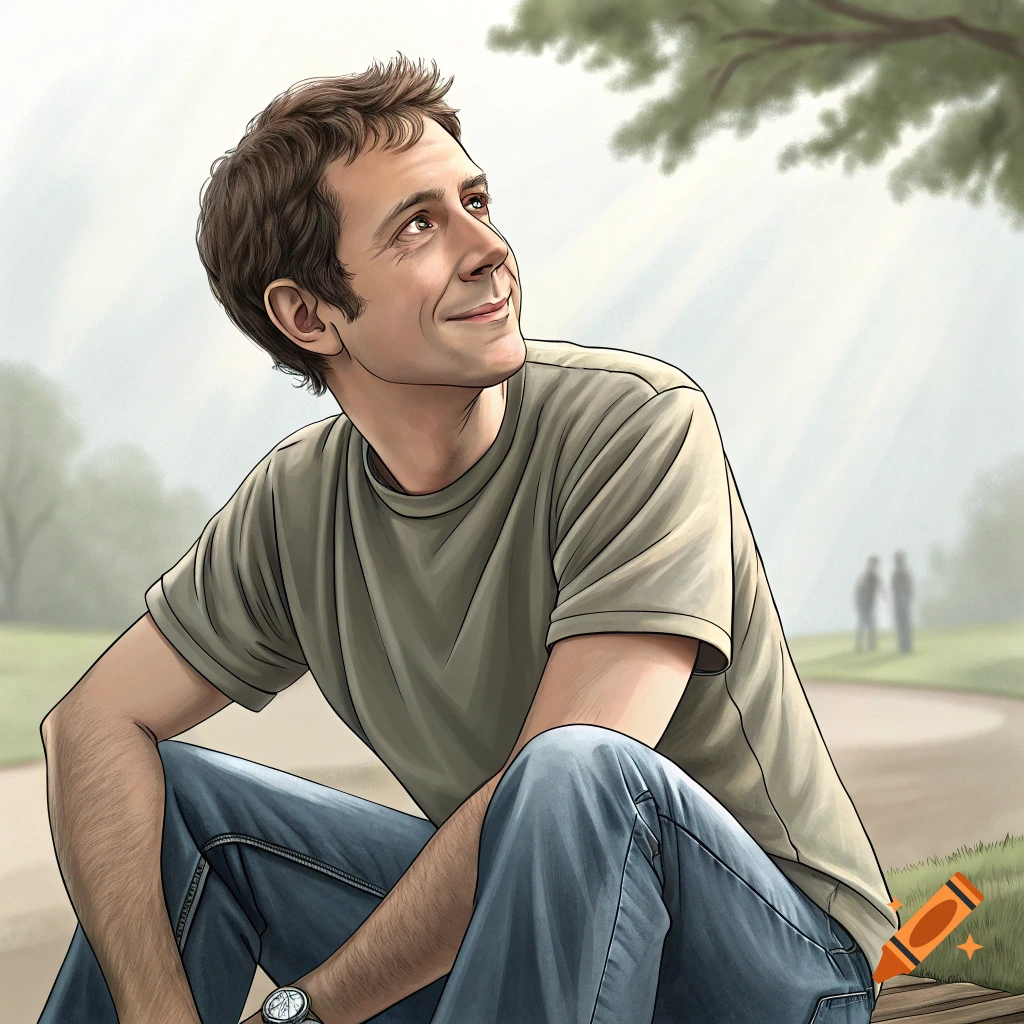 A man sits on a park bench looking up at sunlight filtering through trees