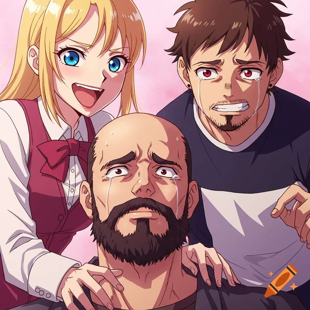 Anime characters: a man cries while a woman smiles and another man looks concerned.