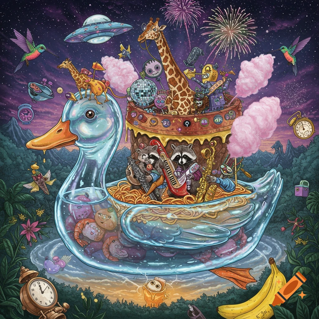 A detailed, surreal illustration of a glass duck full of shrimp, floating with a cake on its back containing animals playing instruments, under a starry sky with fireworks and a UFO.