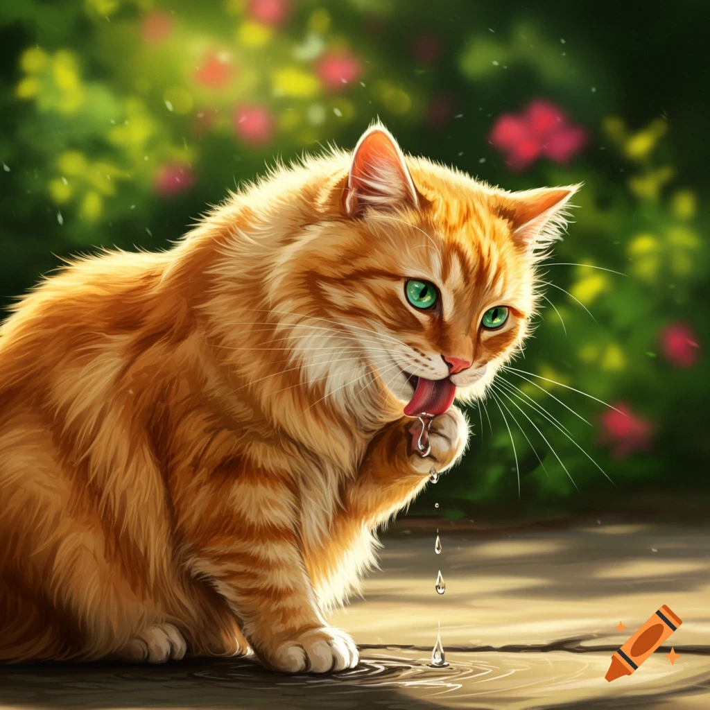 An orange cat licks its paw in a sunny garden.