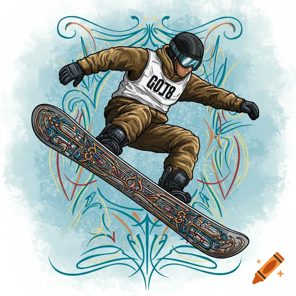 Illustration of a snowboarder jumping, with pinstripe art on the board and background.