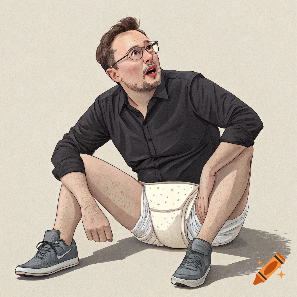Illustration of a man resembling Elon Musk wearing a diaper and black shirt, sitting and looking up.