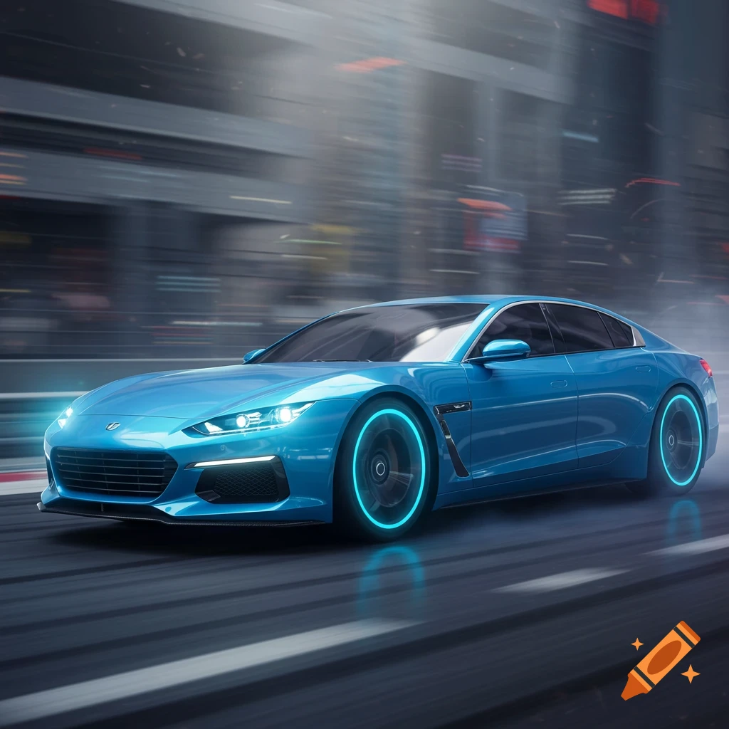 A blue futuristic car with glowing wheels speeds down a road in a city.
