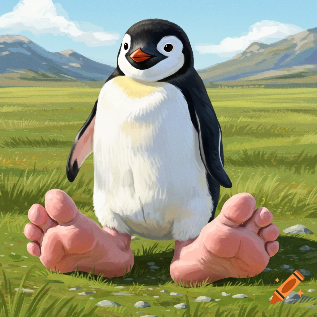 A cartoonish penguin sitting in a field with giant human feet.