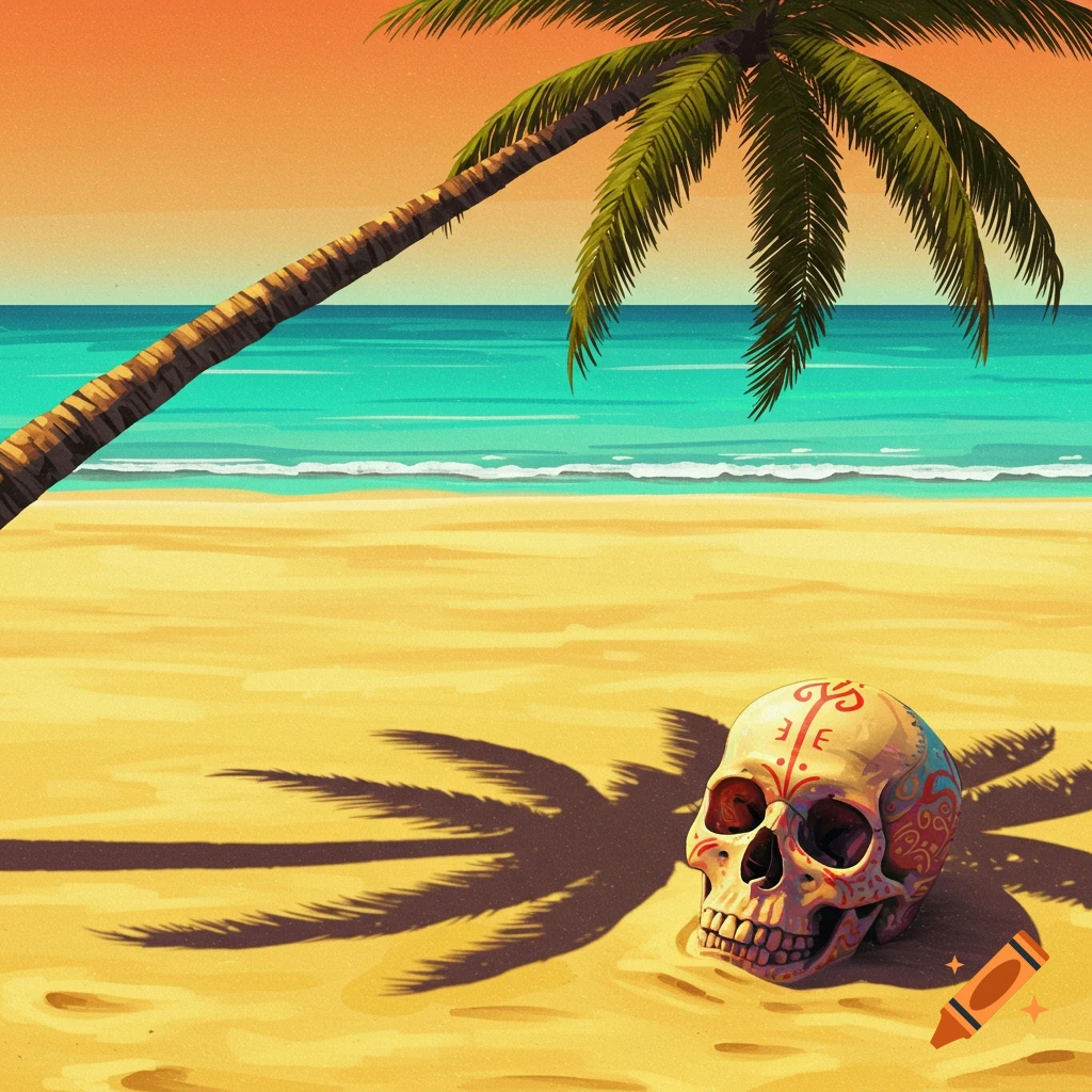 Stylized image of a sugar skull on a tropical beach with a palm tree