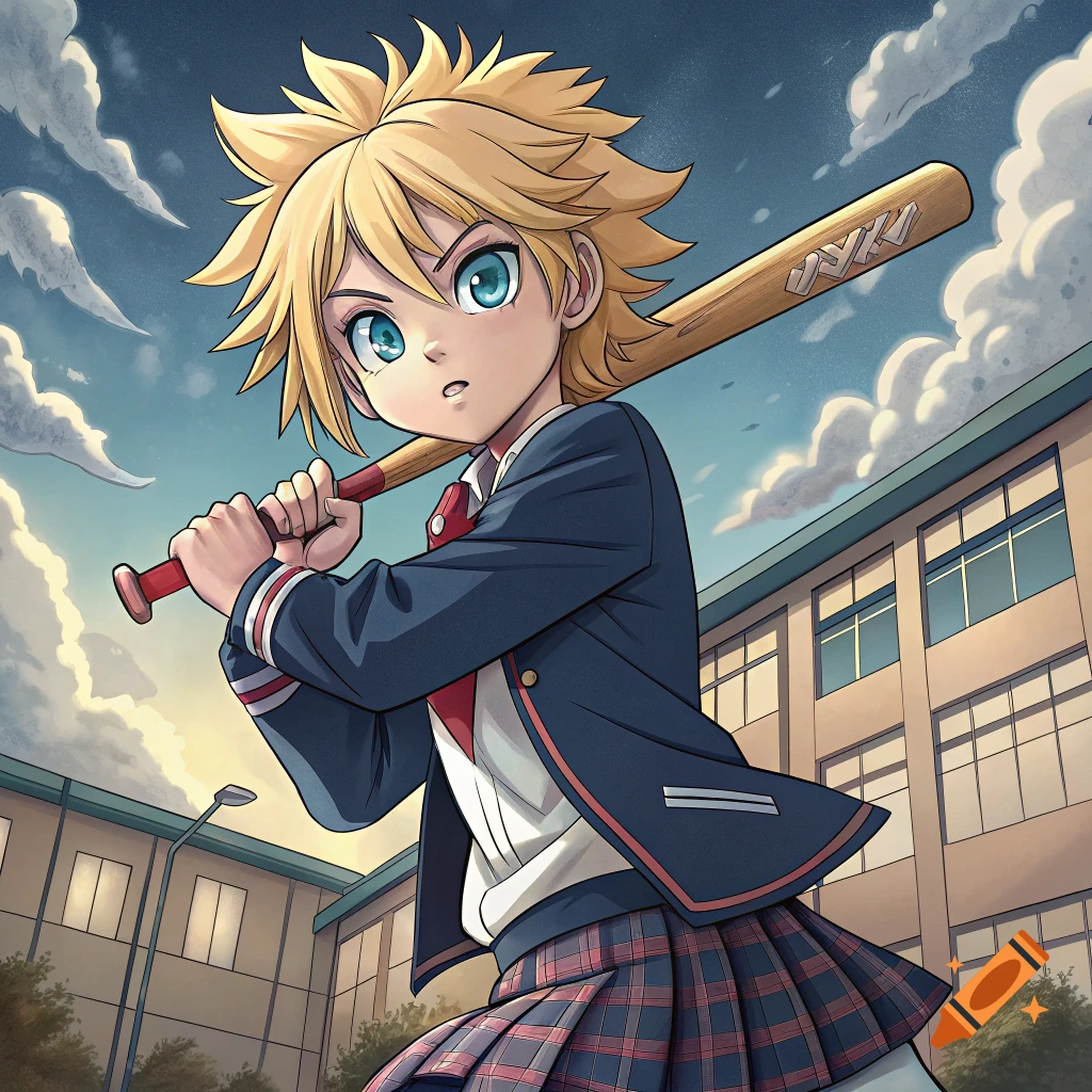 Anime character in school uniform holding a baseball bat in front of a school.