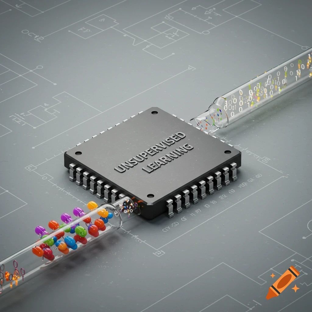A conceptual image showing a computer chip labeled UNSUPERVISED LEARNING connected by pipes with data particles on a blueprint.