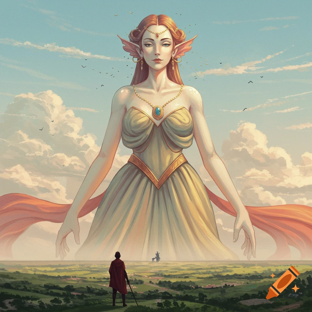 A giant elven woman in a dress stands in a field, looking down at a small person and horse.