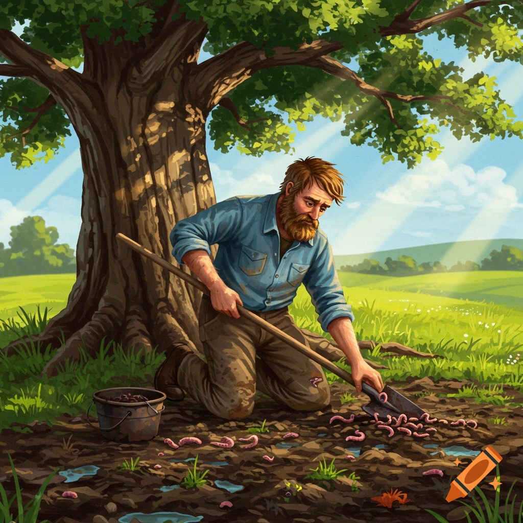A bearded man is digging for earthworms under a tree in a sunny field.