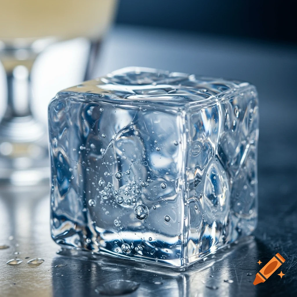 Close-up photorealistic image of a clear ice cube with bubbles and water drops on a surface.