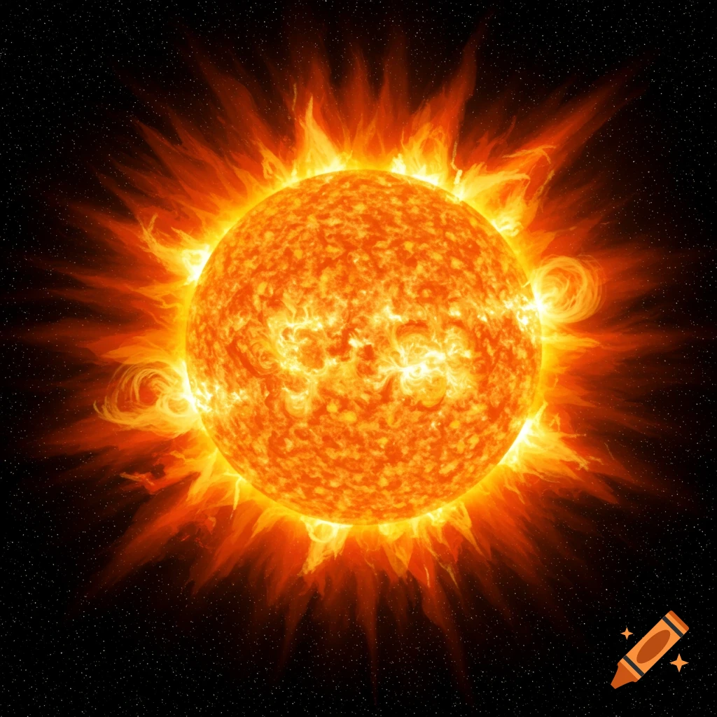 A detailed image of the sun with intense solar flares against a starry black background.