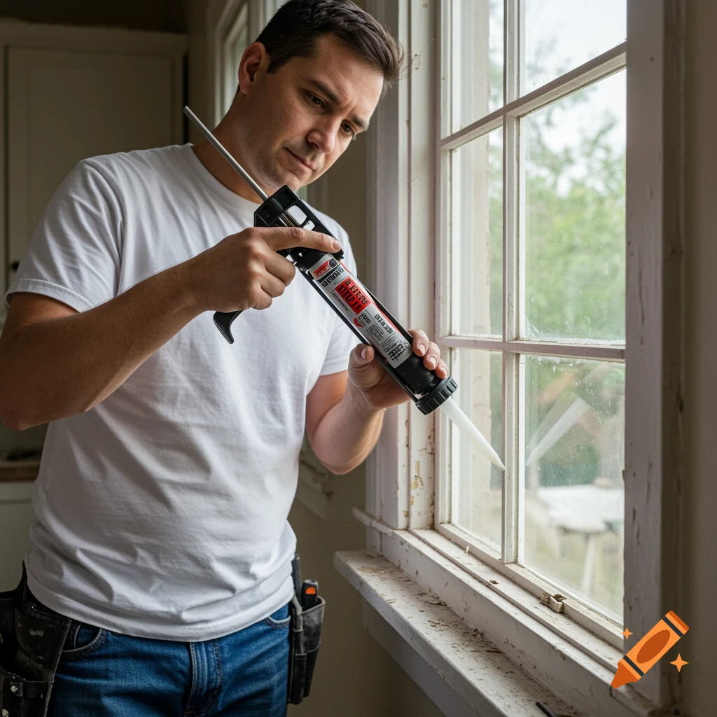 A man wearing a white shirt and jeans caulks an old double-hung window with a caulk gun.