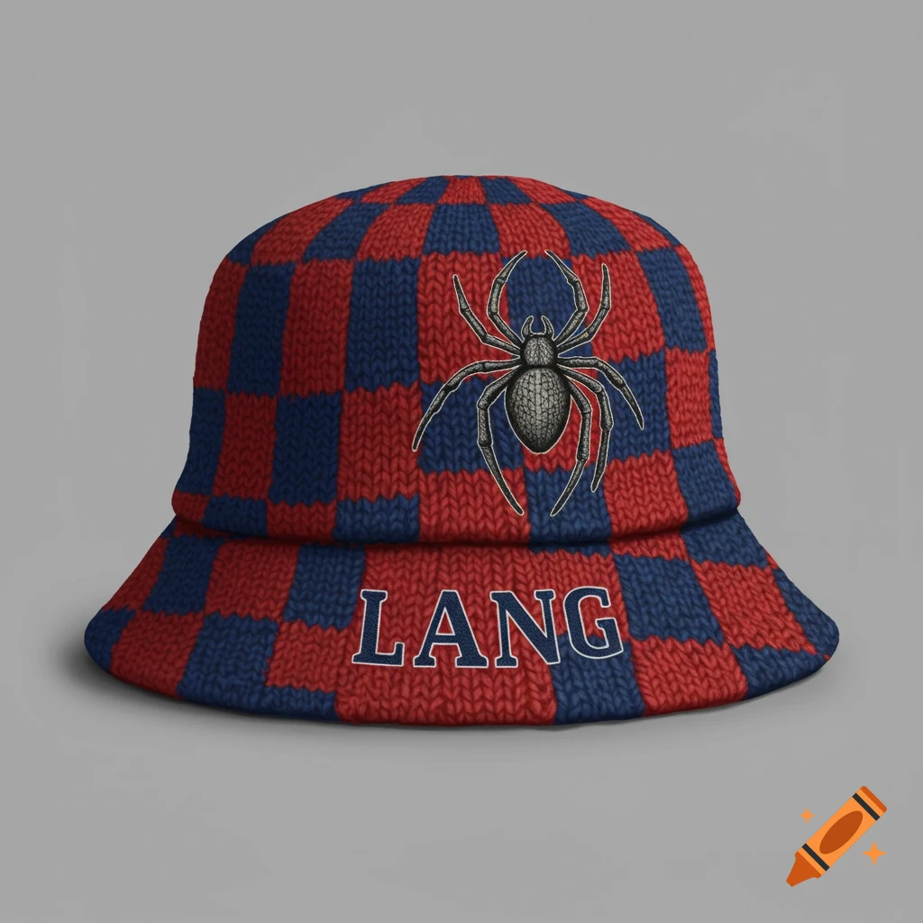 Knitted red and blue checkered bucket hat with a spider on top and the text LANG on the brim.