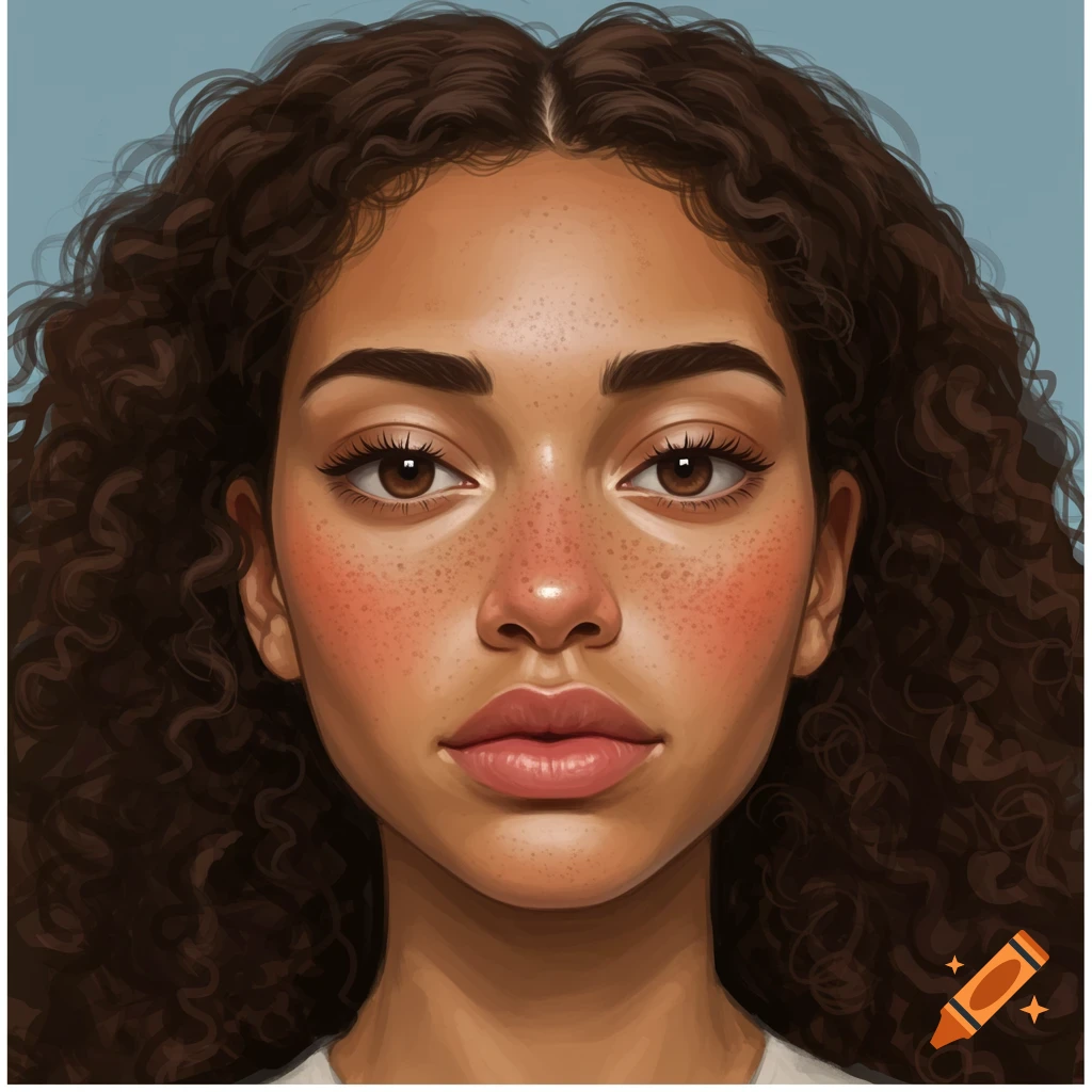A woman's face with curly brown hair and freckles.