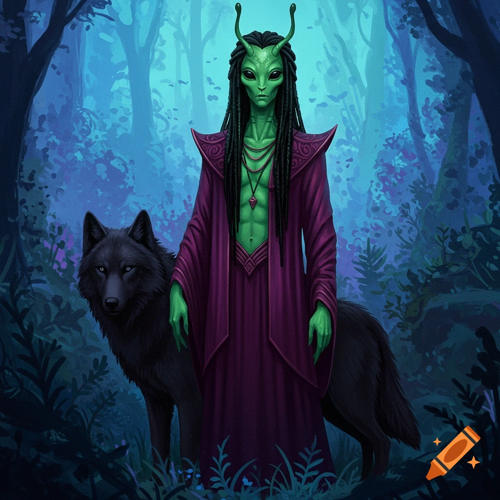 An alien in a forest with a wolf. The alien is green.