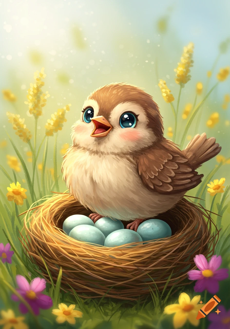 A cute cartoon bird sits on a nest of blue eggs in a grassy field with yellow and purple flowers.