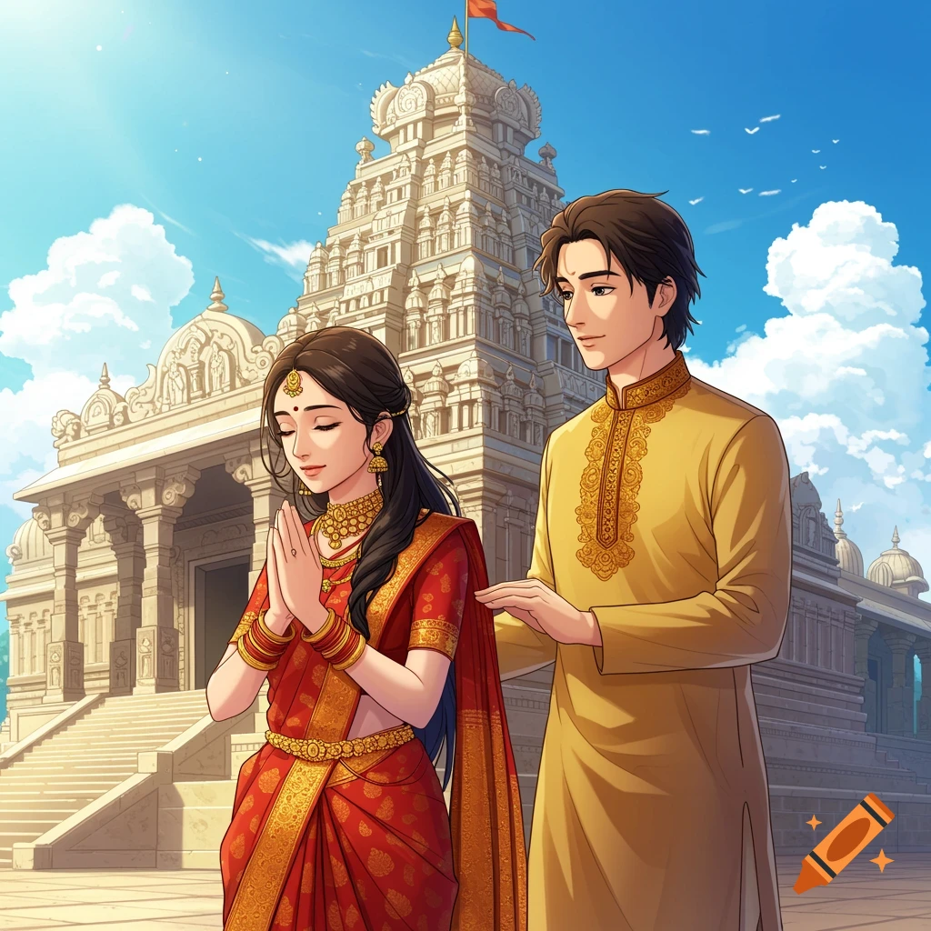 Anime illustration of Indian couple praying at a temple.