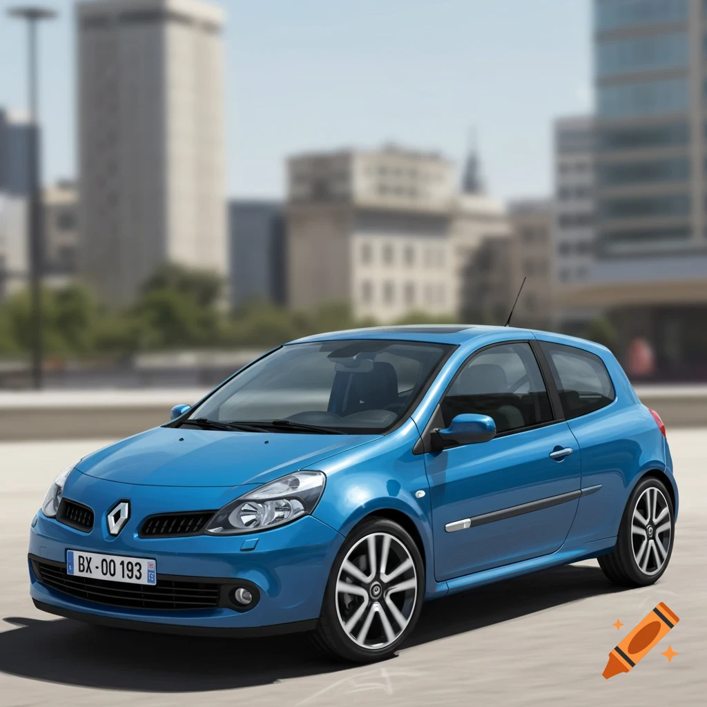 A blue Renault Clio car parked in a city.