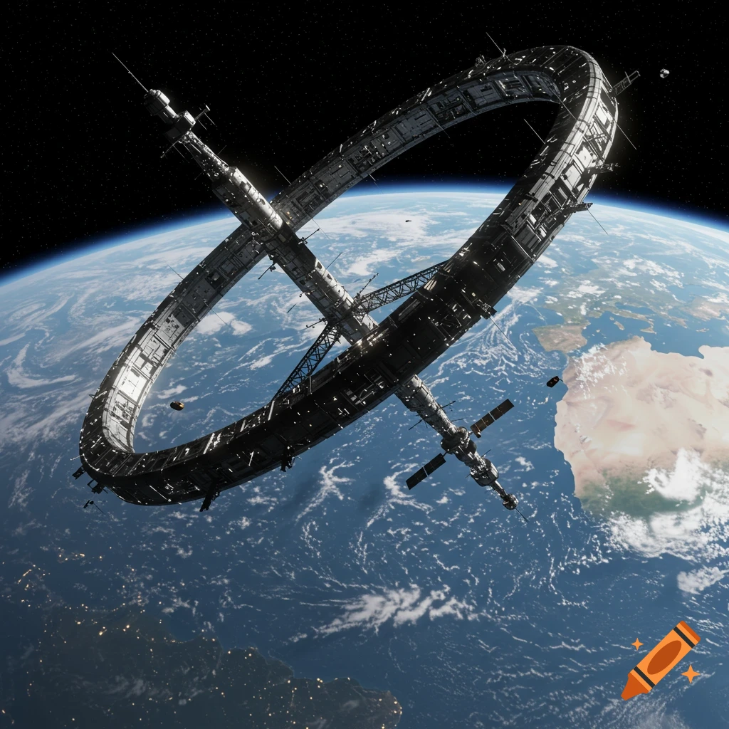 Photorealistic image of a large ring-shaped space station orbiting Earth.