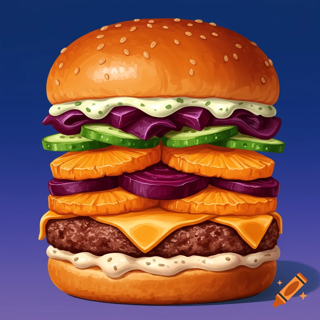 A stacked burger with unusual toppings and sesame seed bun on a blue background.