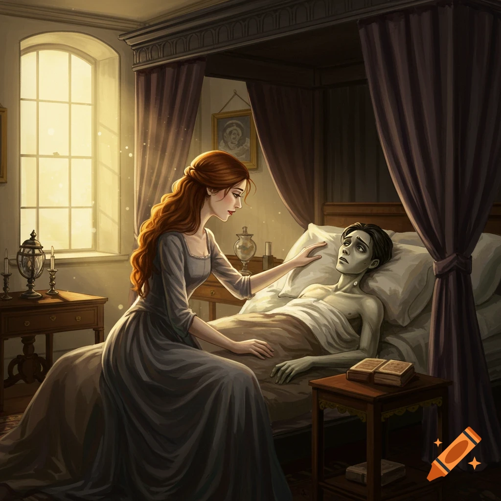 A woman with red hair sits by the bedside of a sick man in a dark room with sunlight streaming in.