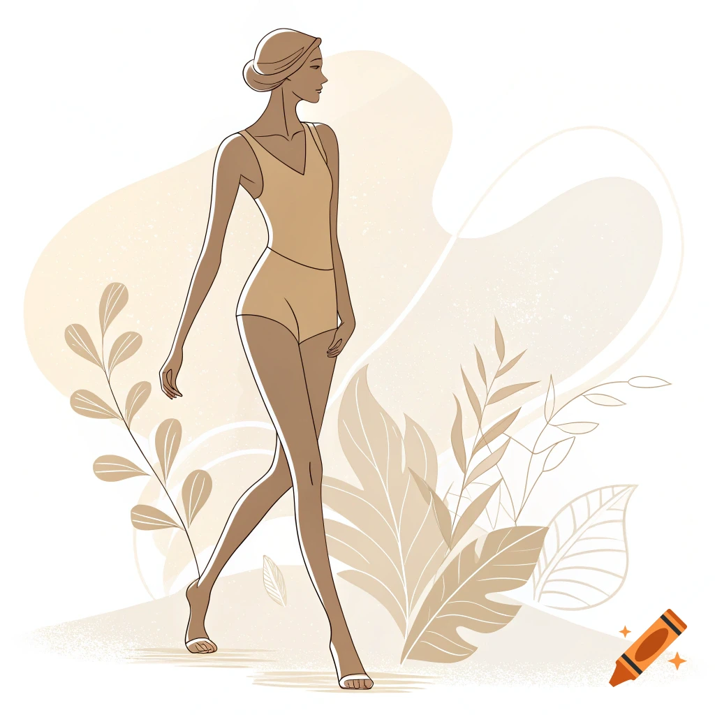 Minimalist illustration of a slender figure walking amidst plants.