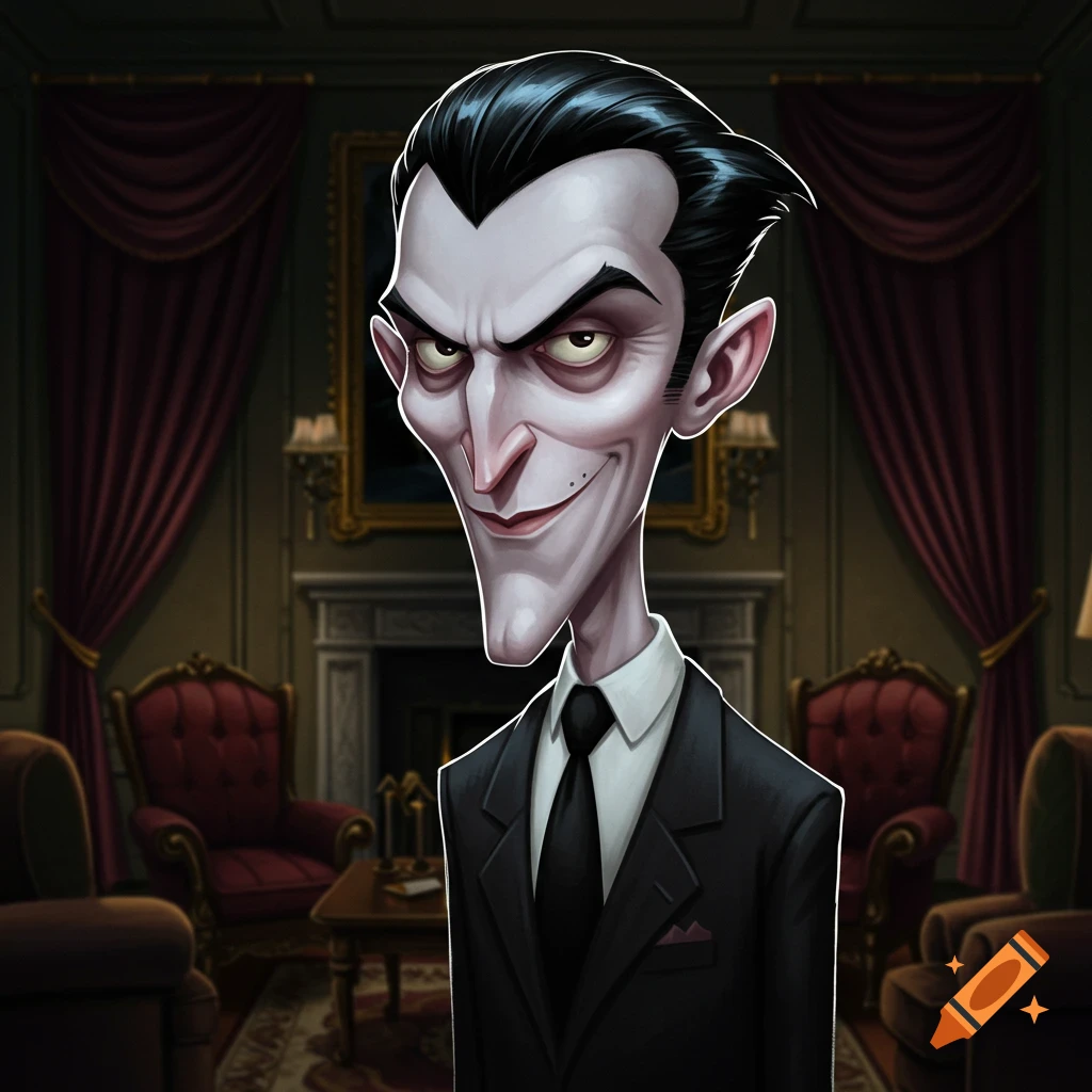 Stylized portrait of a creepy man in a suit in a dimly lit room.