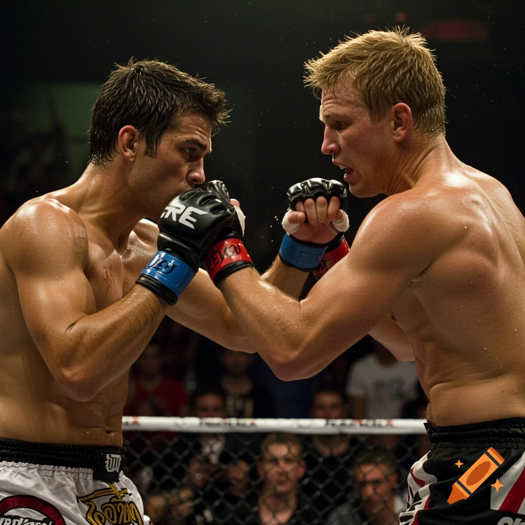 Two shirtless muscular men fight in an MMA ring with a blurred crowd in the background.