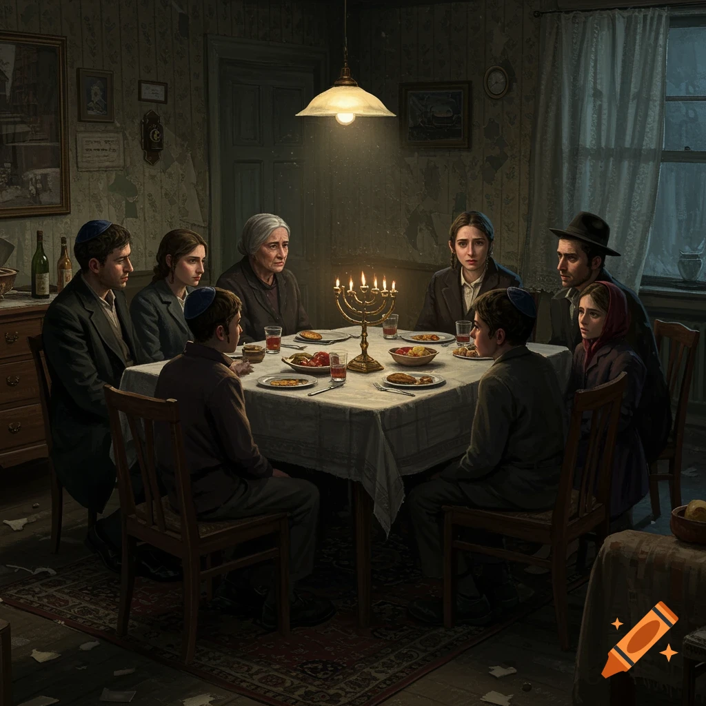 A family is gathered around a table with a lit menorah in a dim, dramatic scene.