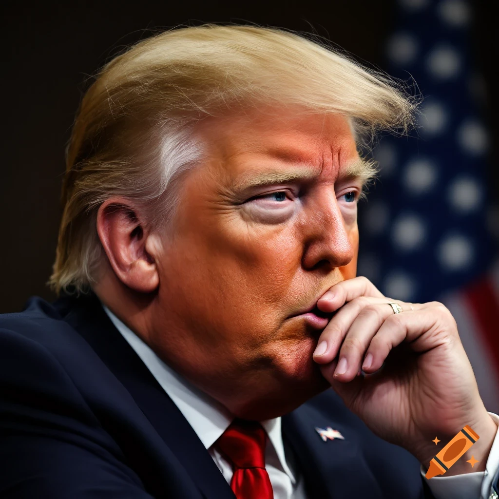 Photorealistic portrait of Donald Trump in a suit, hand to chin, with an American flag in the background.