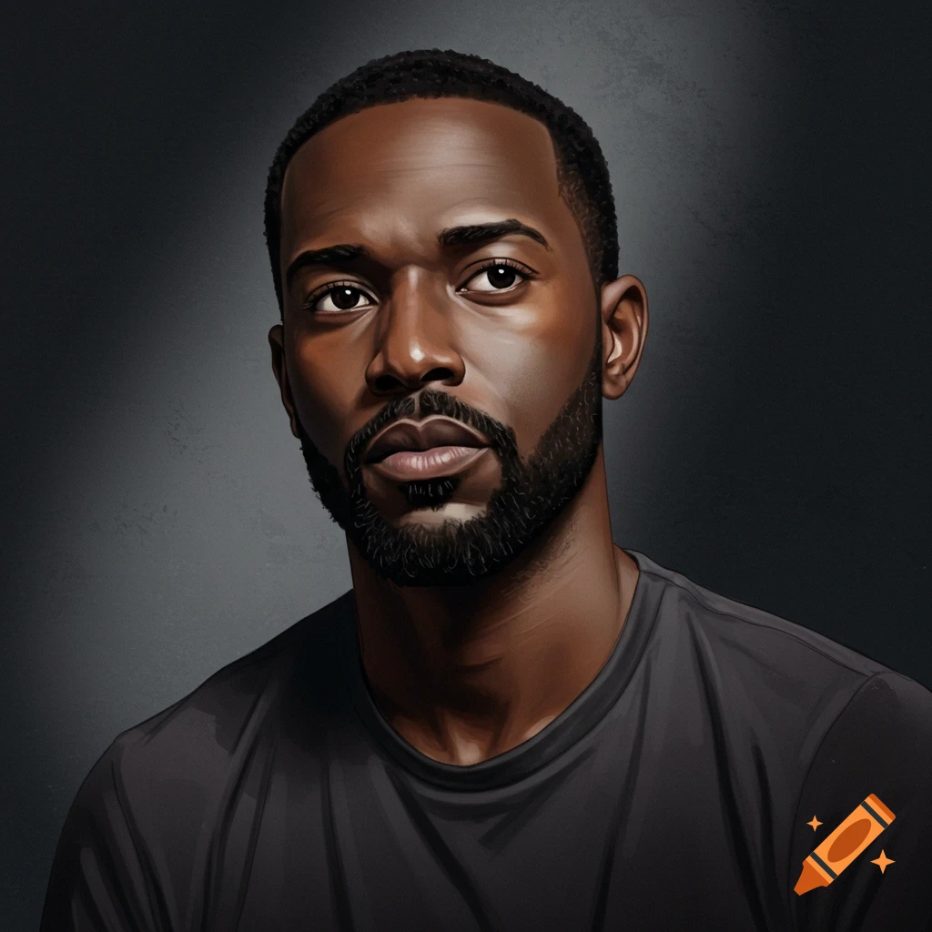A dark-skinned man with a beard wearing a black shirt