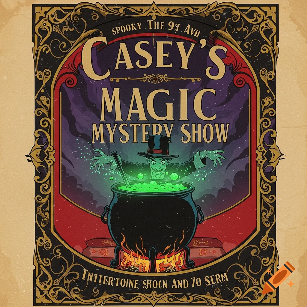 Vintage-style poster for Casey's Magic Mystery Show with a magician stirring a glowing cauldron.