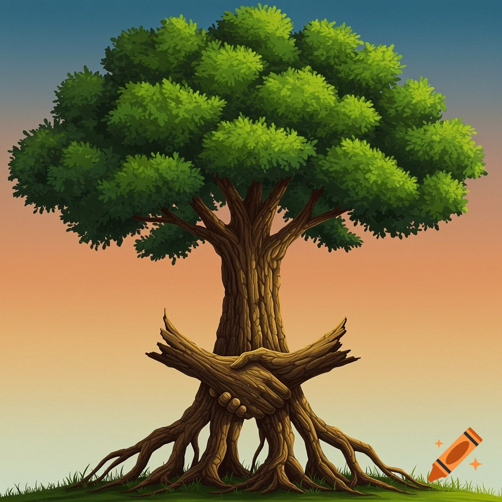 A tree with roots forming a handshake against a gradient sky