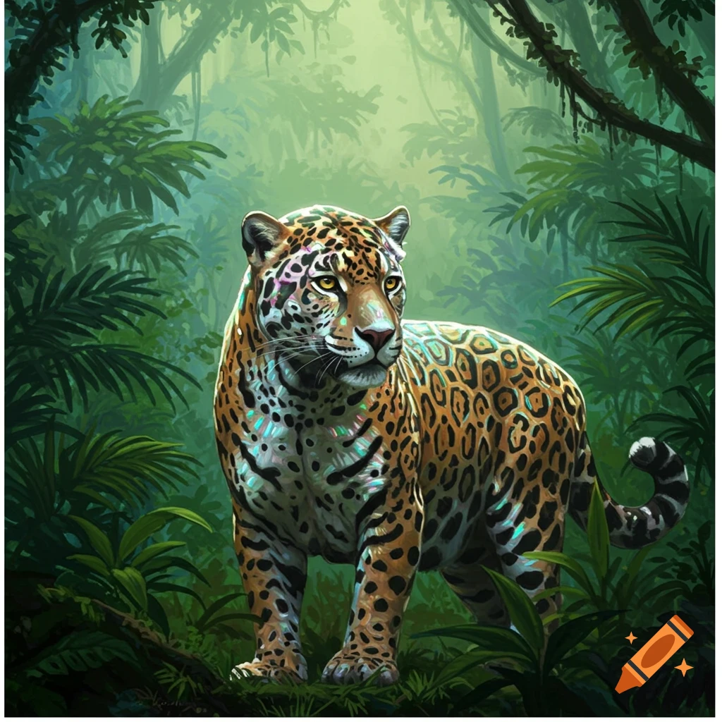 A jaguar with mirror-like skin patterns standing in a lush green jungle.
