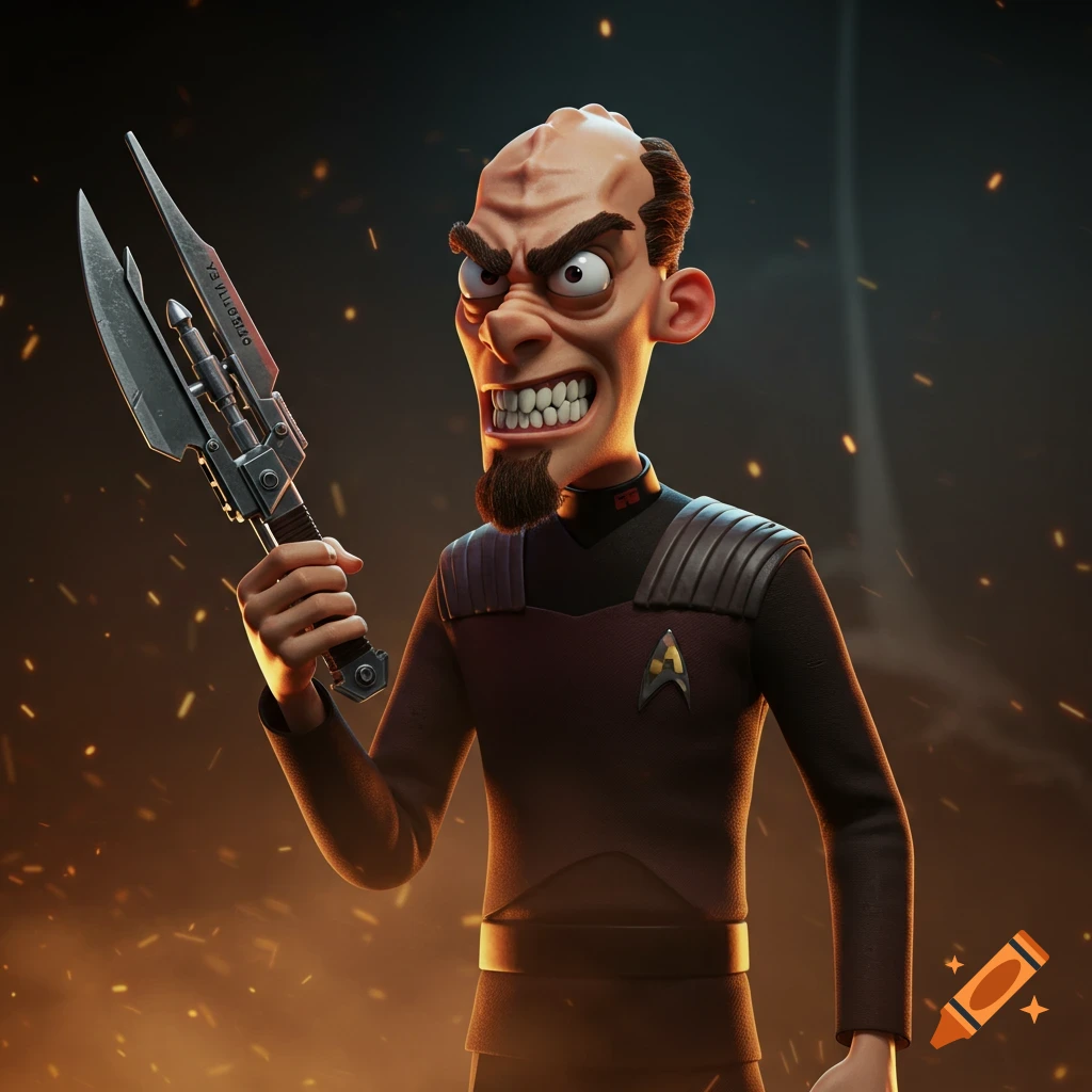 Cartoon stylized man with a goatee and angry face, wearing a dark uniform with a delta badge, holding a weapon.