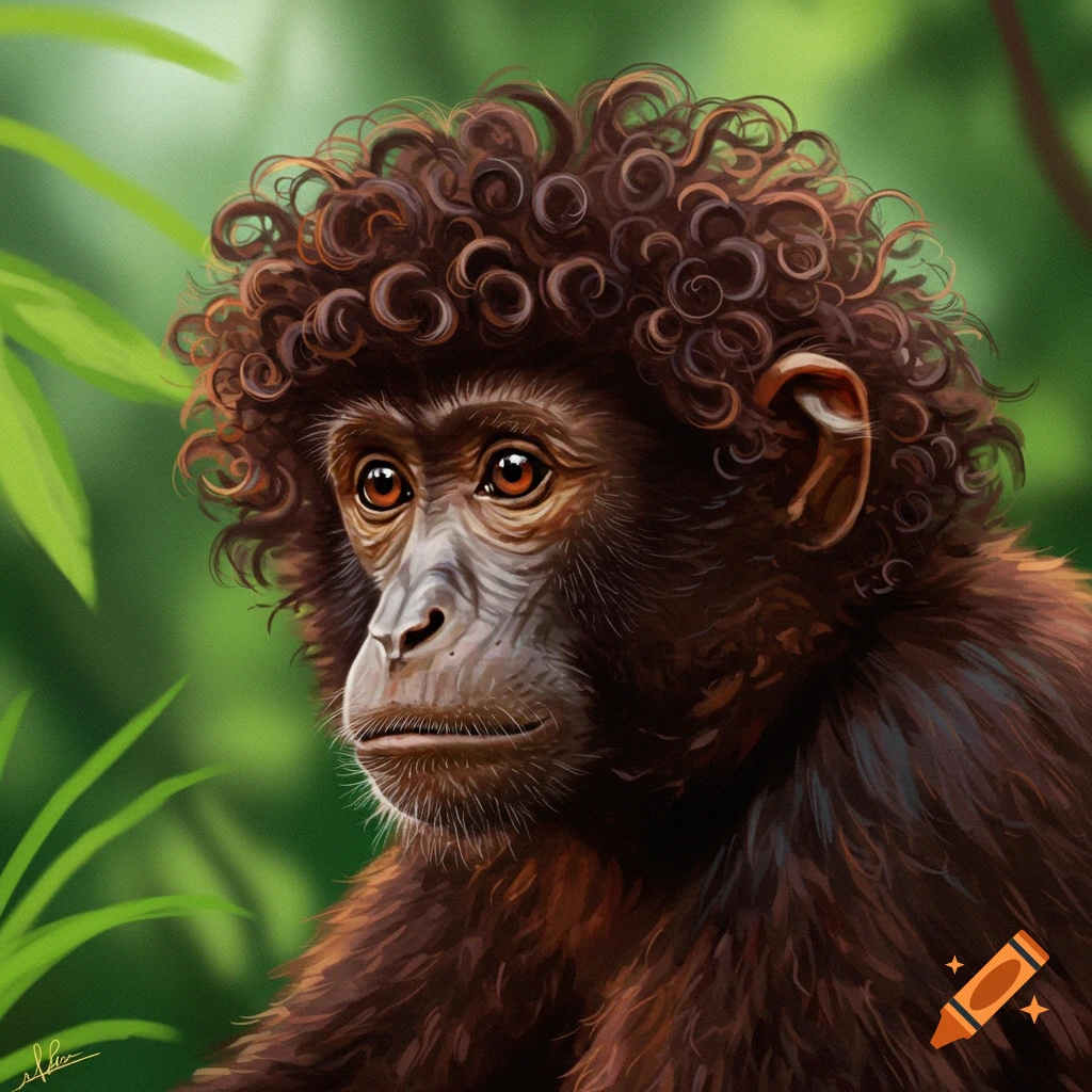 A young monkey with curly brown hair, looking forward in a lush green forest setting.