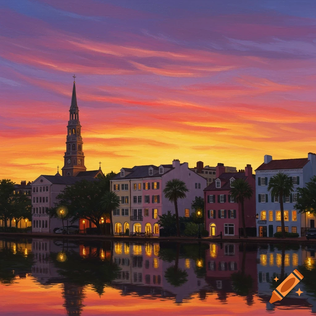 A cityscape with colorful buildings reflected in water during a vibrant sunset.