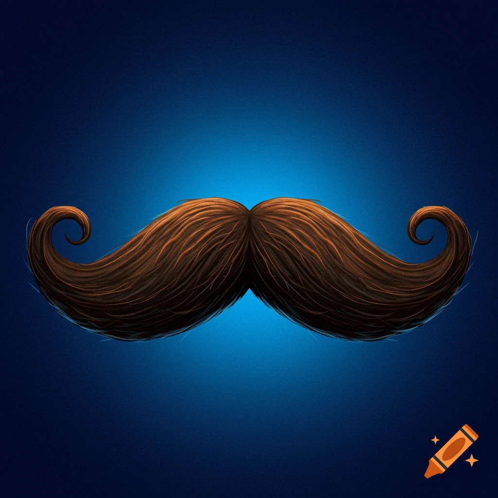 A large brown mustache with curly ends against a blue background.