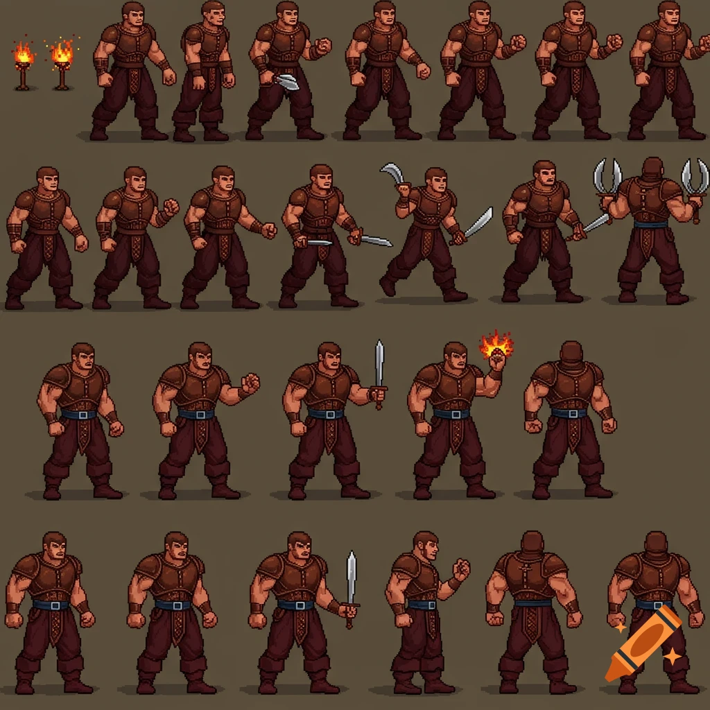 Pixel art sprite sheet of a male fantasy character in leather armor with different poses and weapons.