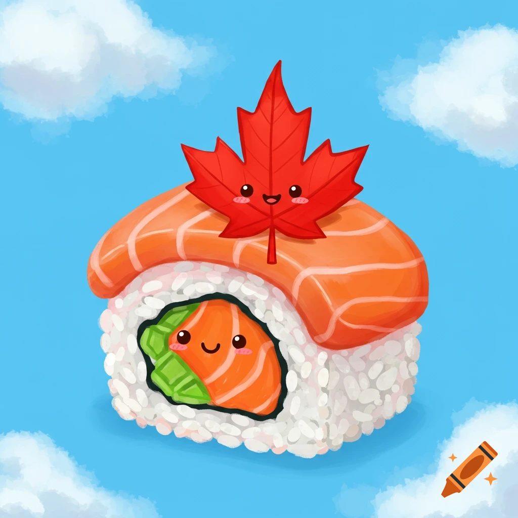 Cartoon sushi roll with a cute face and a maple leaf with a face on top, against a blue sky.